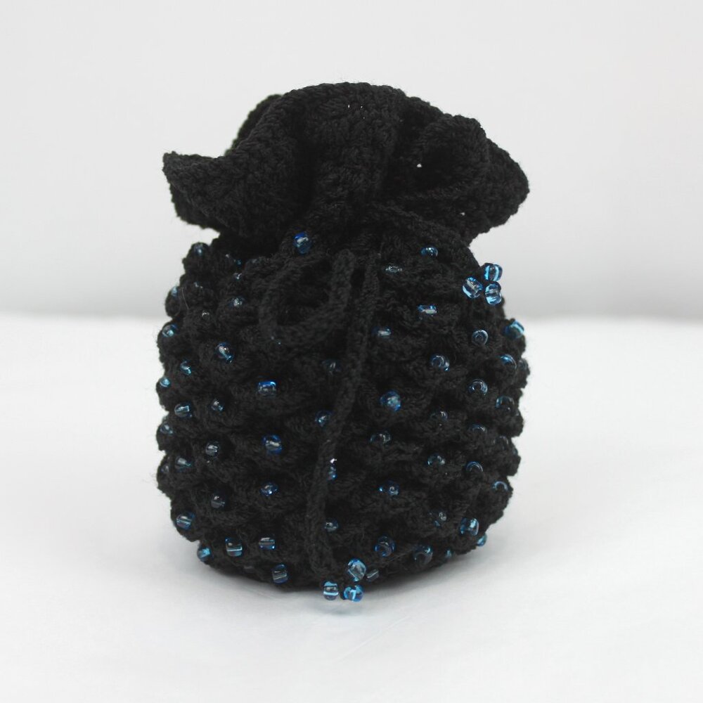 Black Crocheted 'Pinecone' with Blue Glass Beads Drawstring Pouch Bag